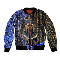 Hatshepsut Bomber Jacket with Queen King Portrait, Temple Illustration and Blue-Gold Hieroglyphic - Wonder Print Shop