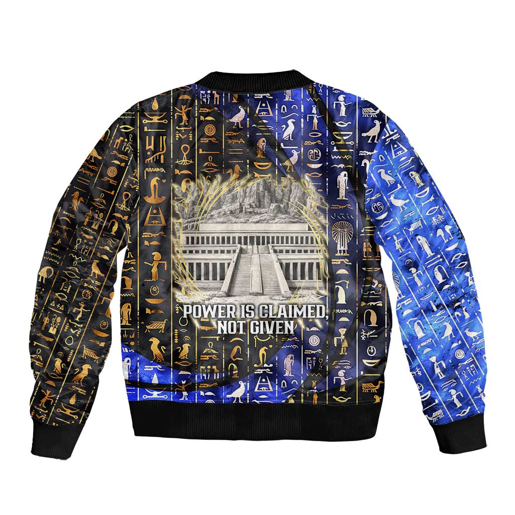 Hatshepsut Bomber Jacket with Queen King Portrait, Temple Illustration and Blue-Gold Hieroglyphic - Wonder Print Shop