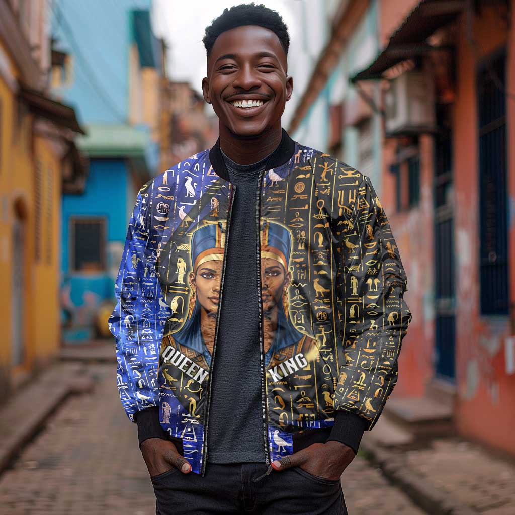 Hatshepsut Bomber Jacket with Queen King Portrait, Temple Illustration and Blue-Gold Hieroglyphic - Wonder Print Shop