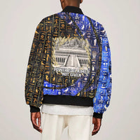 Hatshepsut Bomber Jacket with Queen King Portrait, Temple Illustration and Blue-Gold Hieroglyphic - Wonder Print Shop