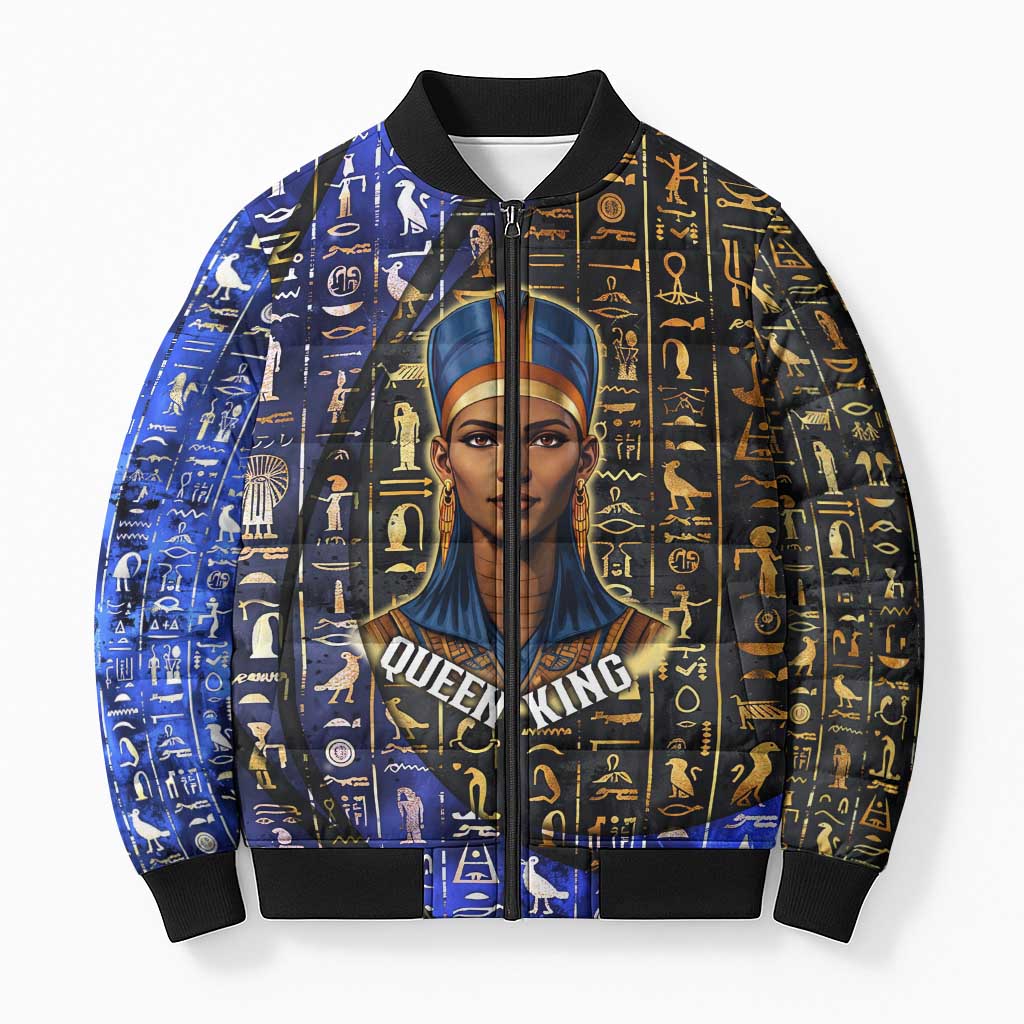 Hatshepsut Bomber Puffer Jacket with Queen King Portrait, Temple Illustration and Blue-Gold Hieroglyphic - Wonder Print Shop
