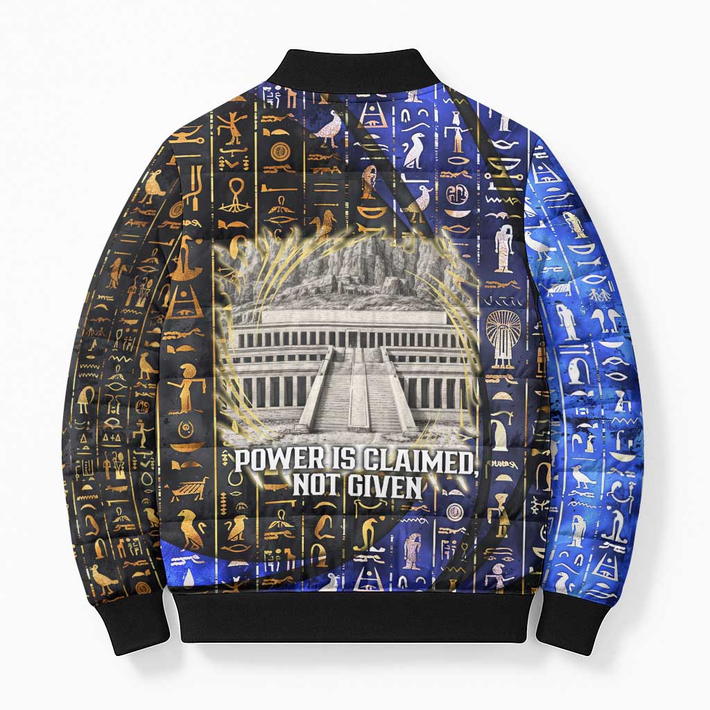 Hatshepsut Bomber Puffer Jacket with Queen King Portrait, Temple Illustration and Blue-Gold Hieroglyphic - Wonder Print Shop