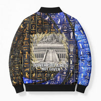 Hatshepsut Bomber Puffer Jacket with Queen King Portrait, Temple Illustration and Blue-Gold Hieroglyphic - Wonder Print Shop