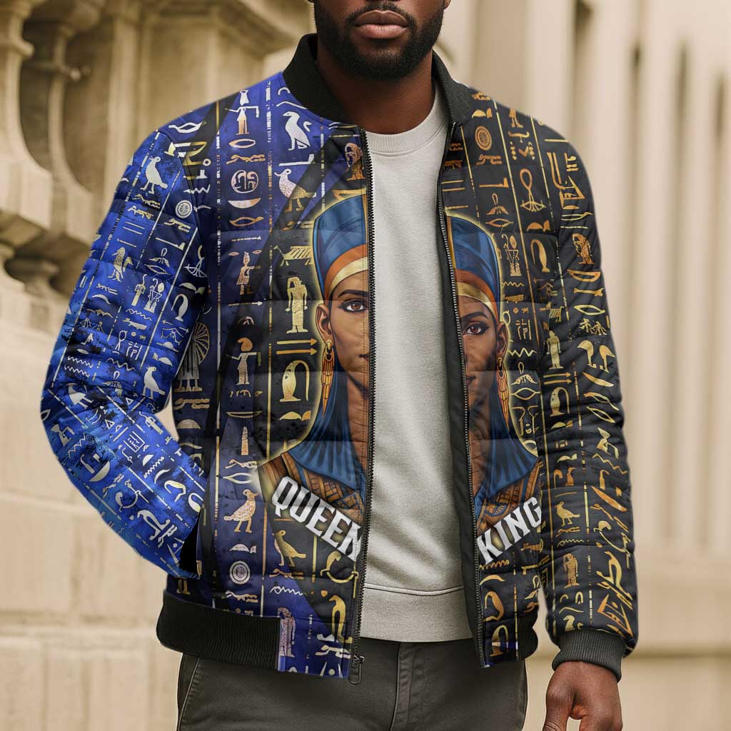 Hatshepsut Bomber Puffer Jacket with Queen King Portrait, Temple Illustration and Blue-Gold Hieroglyphic - Wonder Print Shop