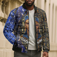 Hatshepsut Bomber Puffer Jacket with Queen King Portrait, Temple Illustration and Blue-Gold Hieroglyphic - Wonder Print Shop