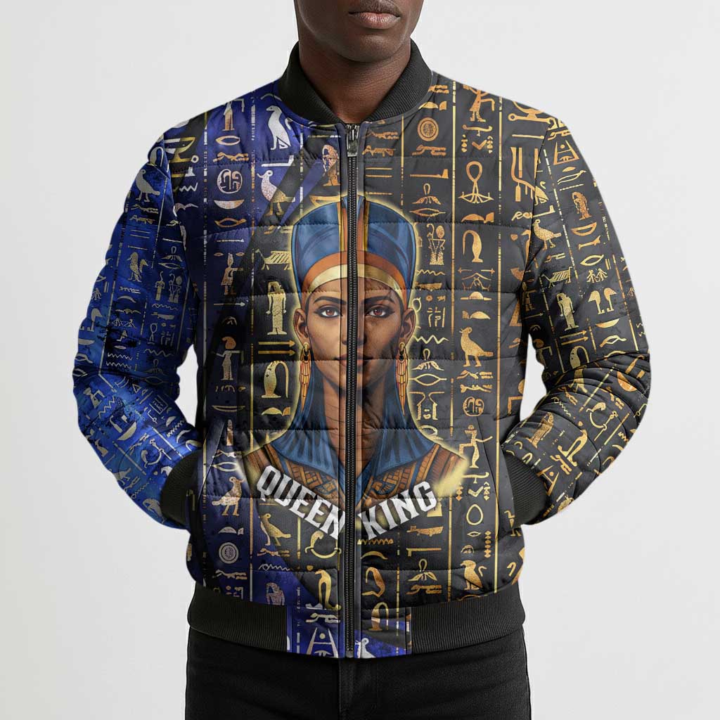 Hatshepsut Bomber Puffer Jacket with Queen King Portrait, Temple Illustration and Blue-Gold Hieroglyphic - Wonder Print Shop