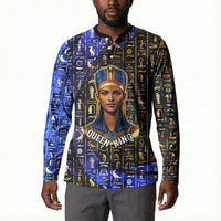 Hatshepsut Button Sweatshirt with Queen King Portrait, Temple Illustration and Blue-Gold Hieroglyphic