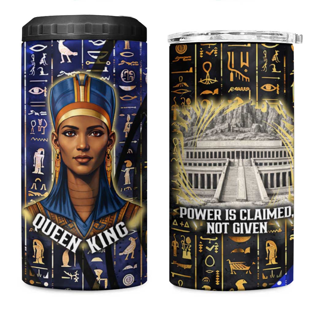 Hatshepsut 4 in 1 Can Cooler Tumbler with Queen King Portrait, Temple Illustration and Blue-Gold Hieroglyphic - Wonder Print Shop