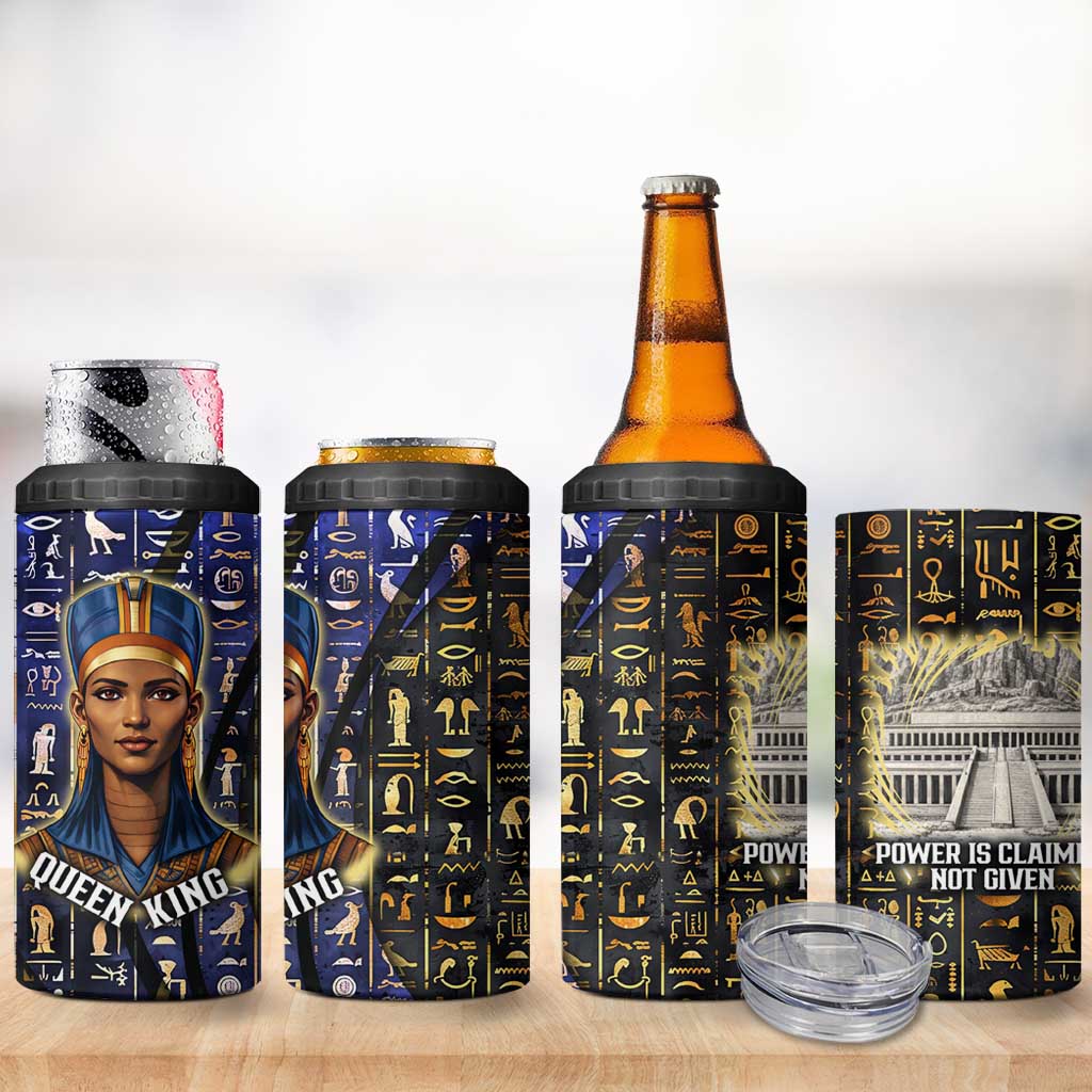 Hatshepsut 4 in 1 Can Cooler Tumbler with Queen King Portrait, Temple Illustration and Blue-Gold Hieroglyphic - Wonder Print Shop