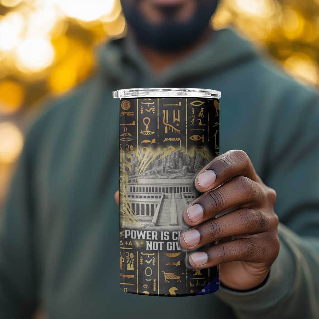 Hatshepsut 4 in 1 Can Cooler Tumbler with Queen King Portrait, Temple Illustration and Blue-Gold Hieroglyphic - Wonder Print Shop