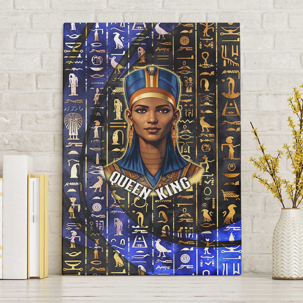 Hatshepsut Canvas Wall Art with Queen King Portrait, Temple Illustration and Blue-Gold Hieroglyphic - Wonder Print Shop
