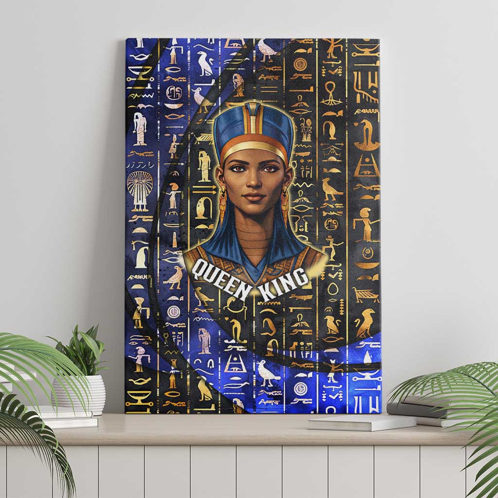 Hatshepsut Canvas Wall Art with Queen King Portrait, Temple Illustration and Blue-Gold Hieroglyphic - Wonder Print Shop