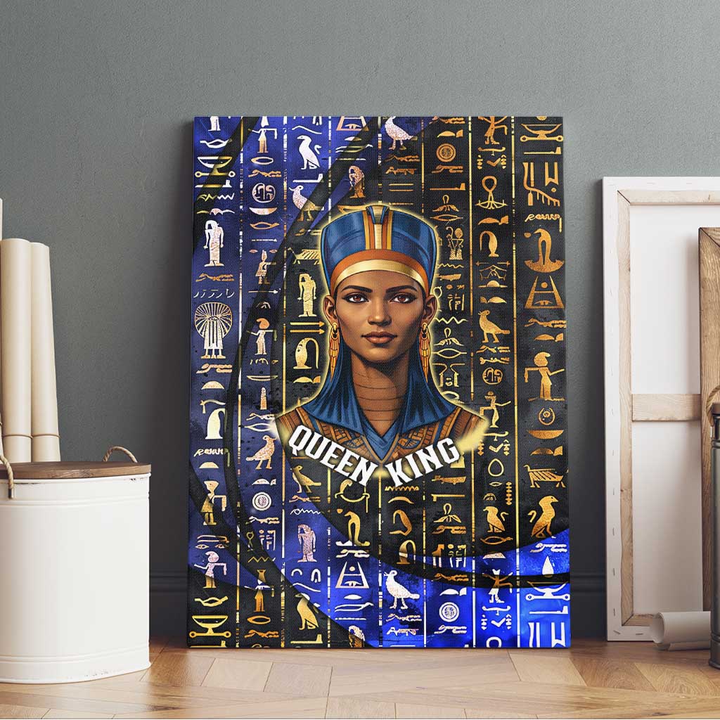 Hatshepsut Canvas Wall Art with Queen King Portrait, Temple Illustration and Blue-Gold Hieroglyphic - Wonder Print Shop