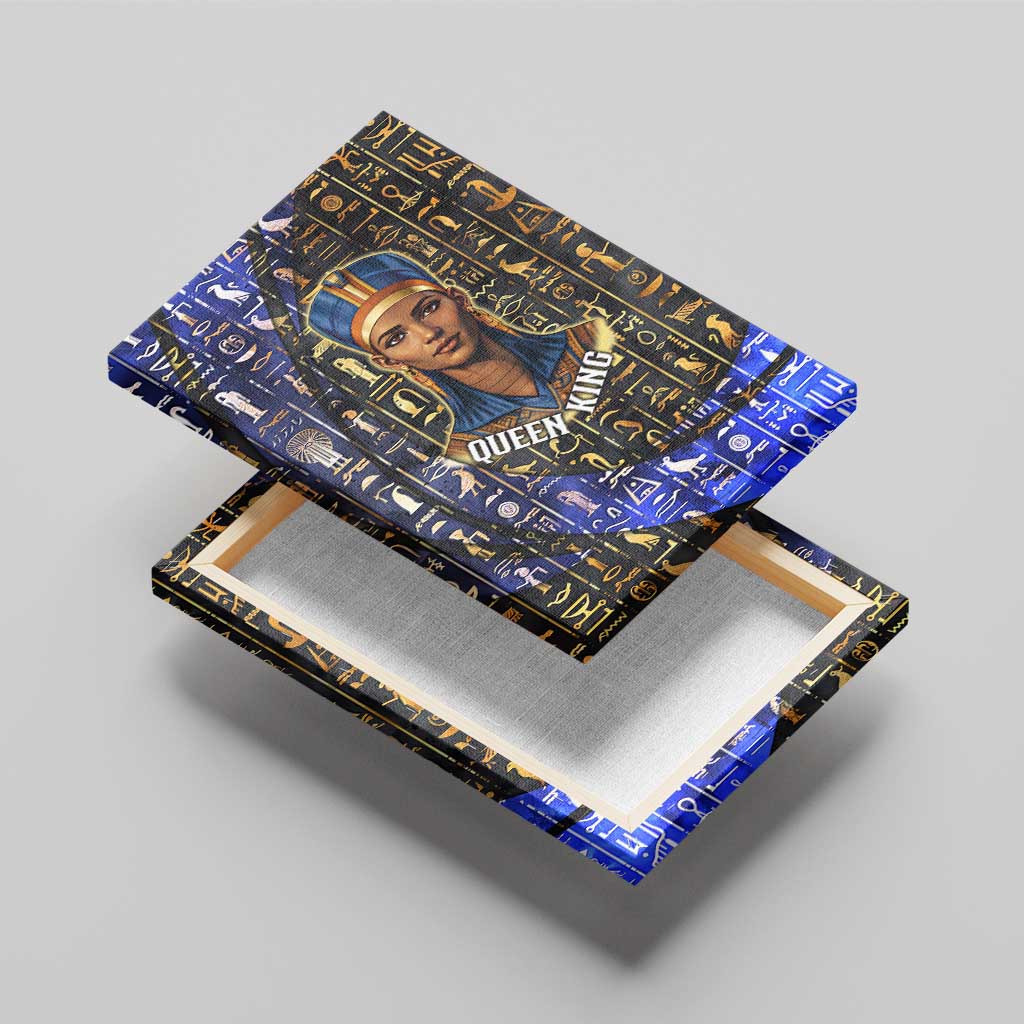 Hatshepsut Canvas Wall Art with Queen King Portrait, Temple Illustration and Blue-Gold Hieroglyphic - Wonder Print Shop
