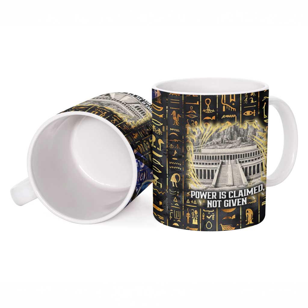 Hatshepsut Ceramic Mug with Queen King Portrait, Temple Illustration and Blue-Gold Hieroglyphic - Wonder Print Shop