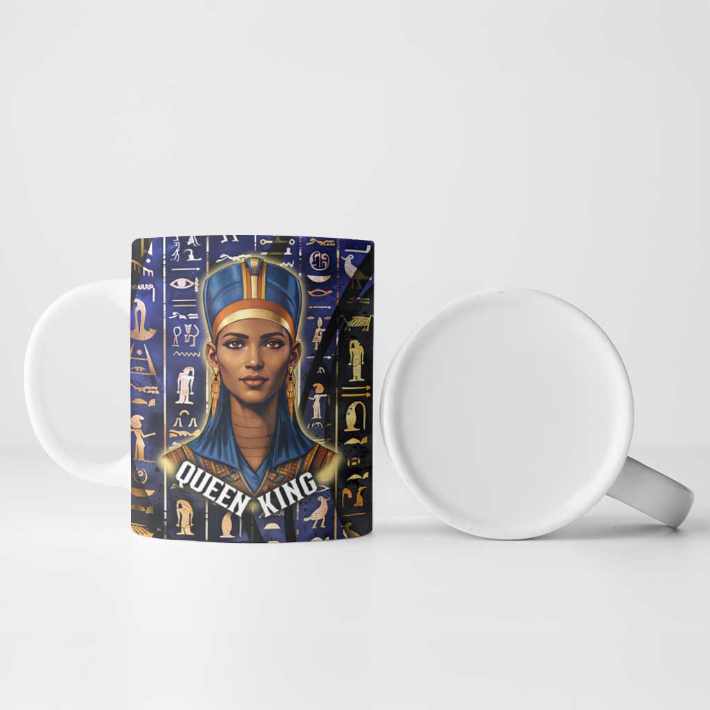 Hatshepsut Ceramic Mug with Queen King Portrait, Temple Illustration and Blue-Gold Hieroglyphic - Wonder Print Shop