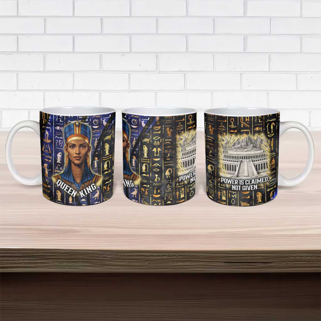Hatshepsut Ceramic Mug with Queen King Portrait, Temple Illustration and Blue-Gold Hieroglyphic - Wonder Print Shop