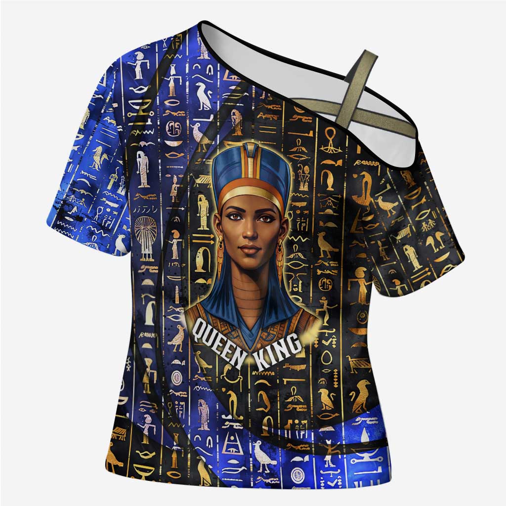 Hatshepsut Cross Shoulder Shirt with Queen King Portrait, Temple Illustration and Blue-Gold Hieroglyphic - Wonder Print Shop