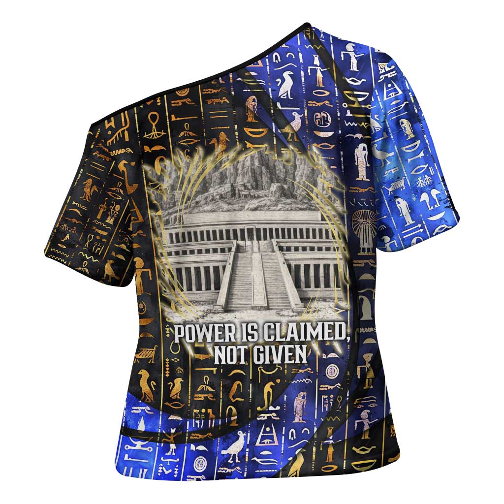 Hatshepsut Cross Shoulder Shirt with Queen King Portrait, Temple Illustration and Blue-Gold Hieroglyphic - Wonder Print Shop