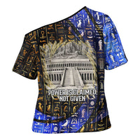 Hatshepsut Cross Shoulder Shirt with Queen King Portrait, Temple Illustration and Blue-Gold Hieroglyphic - Wonder Print Shop