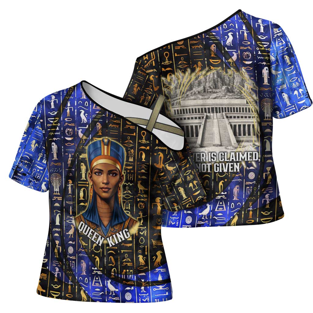 Hatshepsut Cross Shoulder Shirt with Queen King Portrait, Temple Illustration and Blue-Gold Hieroglyphic - Wonder Print Shop