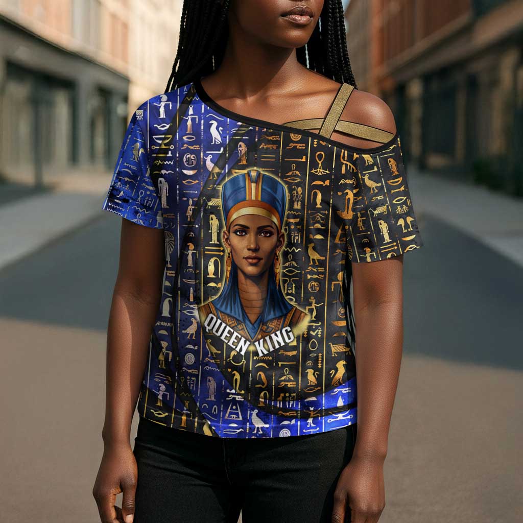 Hatshepsut Cross Shoulder Shirt with Queen King Portrait, Temple Illustration and Blue-Gold Hieroglyphic - Wonder Print Shop