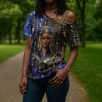 Hatshepsut Cross Shoulder Shirt with Queen King Portrait, Temple Illustration and Blue-Gold Hieroglyphic - Wonder Print Shop