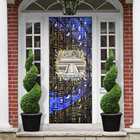 Hatshepsut Door Cover with Queen King Portrait, Temple Illustration and Blue-Gold Hieroglyphic - Wonder Print Shop