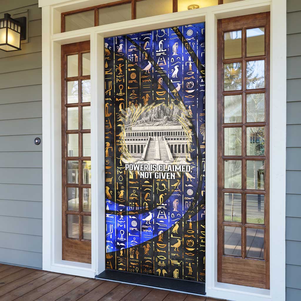 Hatshepsut Door Cover with Queen King Portrait, Temple Illustration and Blue-Gold Hieroglyphic - Wonder Print Shop