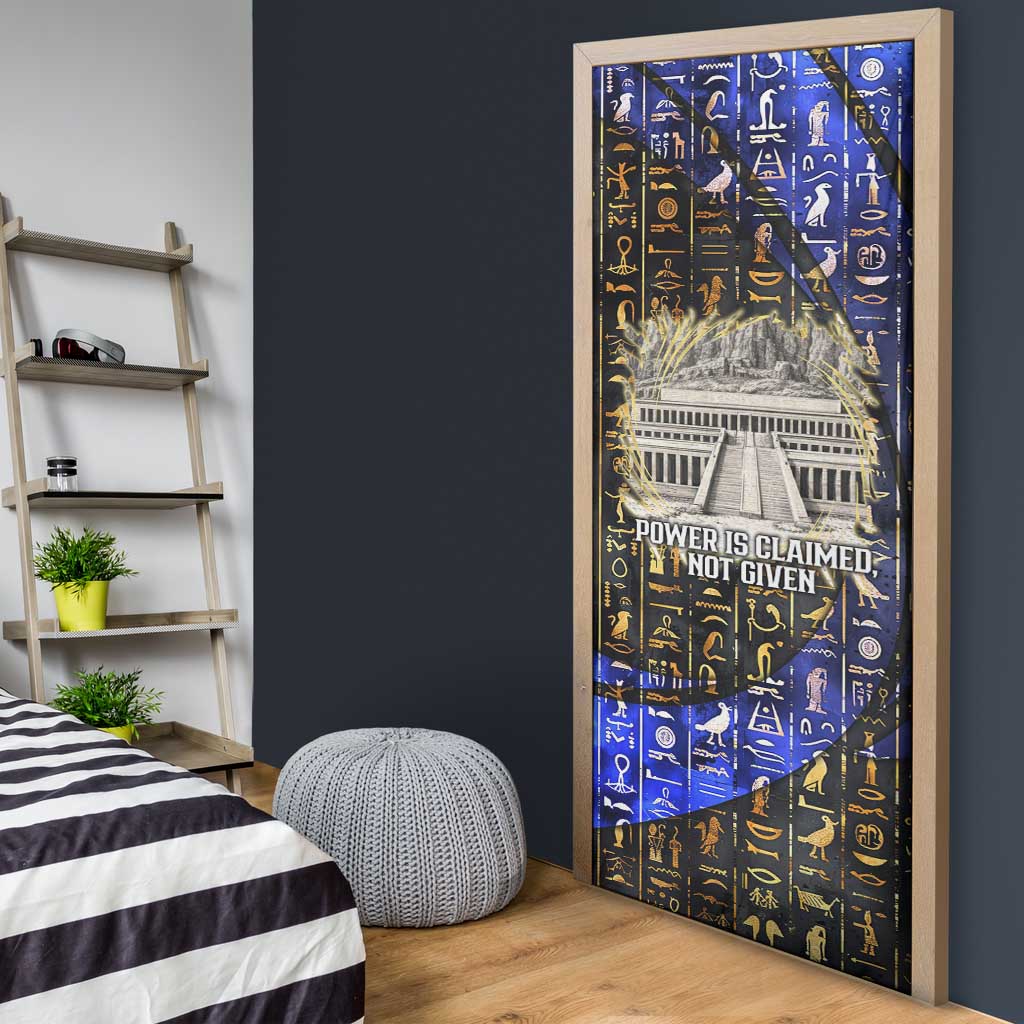 Hatshepsut Door Cover with Queen King Portrait, Temple Illustration and Blue-Gold Hieroglyphic - Wonder Print Shop