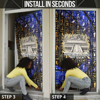 Hatshepsut Door Cover with Queen King Portrait, Temple Illustration and Blue-Gold Hieroglyphic - Wonder Print Shop