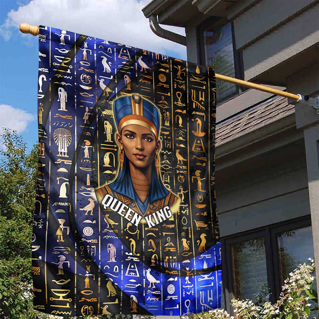 Hatshepsut Garden Flag with Queen King Portrait, Temple Illustration and Blue-Gold Hieroglyphic - Wonder Print Shop