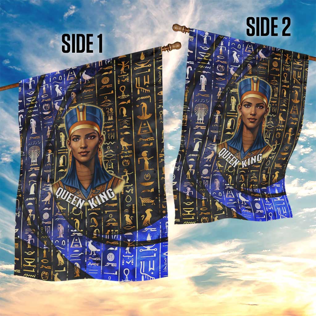 Hatshepsut Garden Flag with Queen King Portrait, Temple Illustration and Blue-Gold Hieroglyphic - Wonder Print Shop