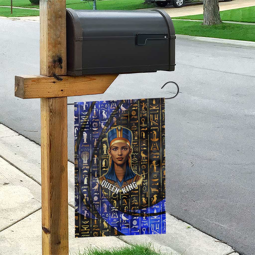 Hatshepsut Garden Flag with Queen King Portrait, Temple Illustration and Blue-Gold Hieroglyphic - Wonder Print Shop