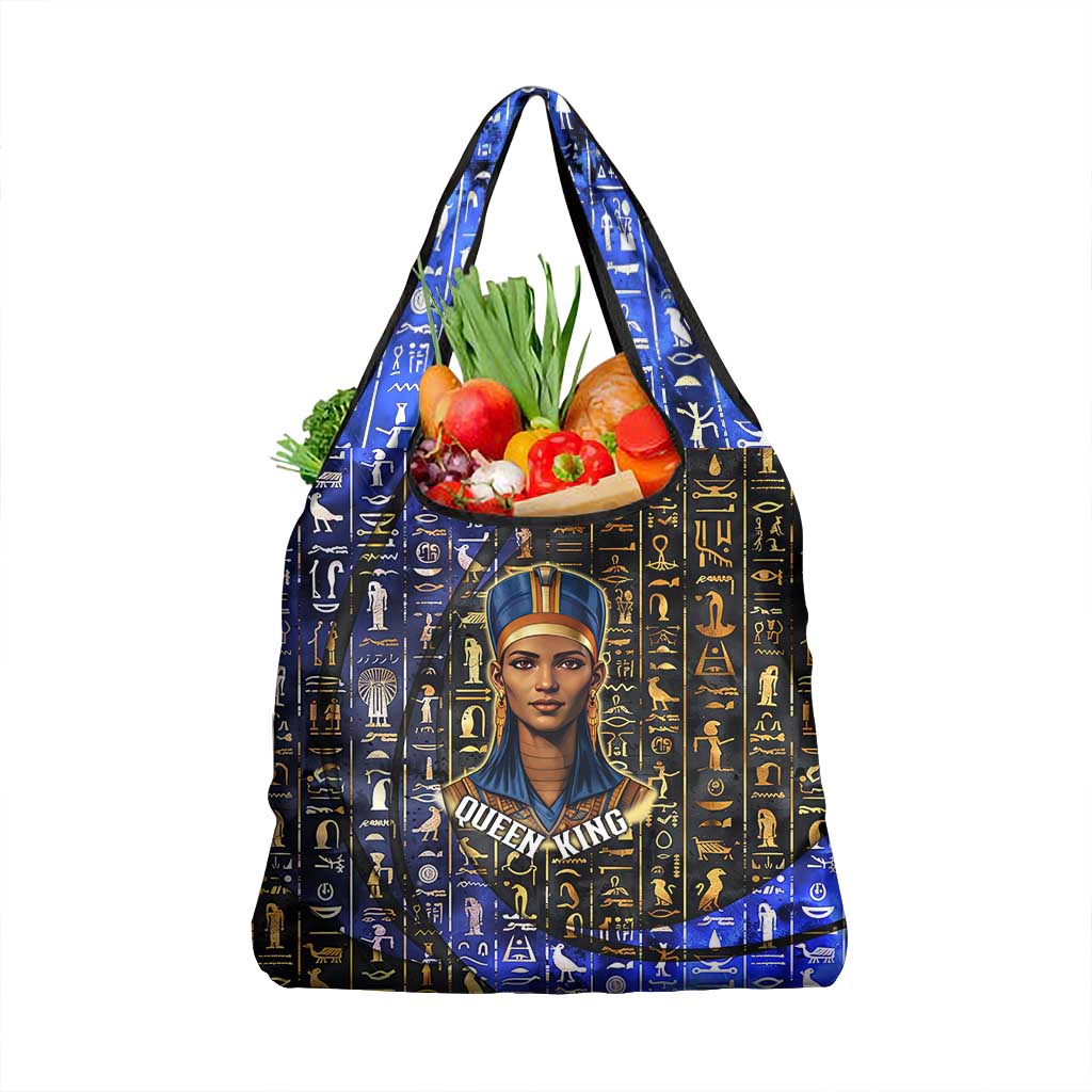 Hatshepsut Grocery Bag with Queen King Portrait, Temple Illustration and Blue-Gold Hieroglyphic - Wonder Print Shop
