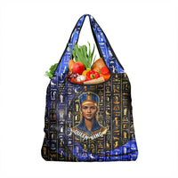 Hatshepsut Grocery Bag with Queen King Portrait, Temple Illustration and Blue-Gold Hieroglyphic - Wonder Print Shop