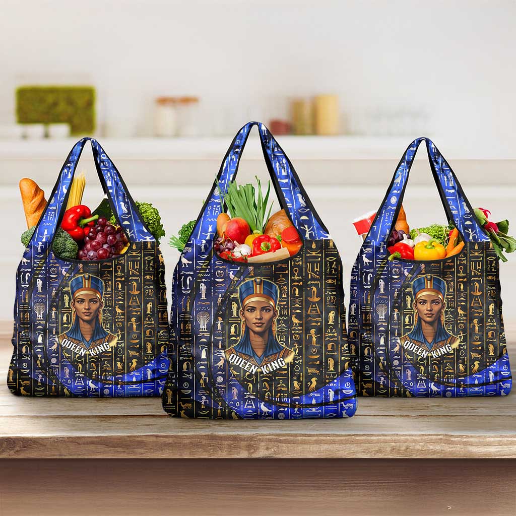 Hatshepsut Grocery Bag with Queen King Portrait, Temple Illustration and Blue-Gold Hieroglyphic - Wonder Print Shop