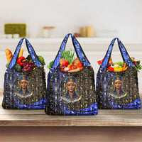 Hatshepsut Grocery Bag with Queen King Portrait, Temple Illustration and Blue-Gold Hieroglyphic - Wonder Print Shop