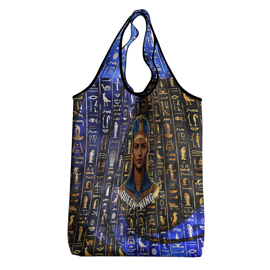 Hatshepsut Grocery Bag with Queen King Portrait, Temple Illustration and Blue-Gold Hieroglyphic - Wonder Print Shop