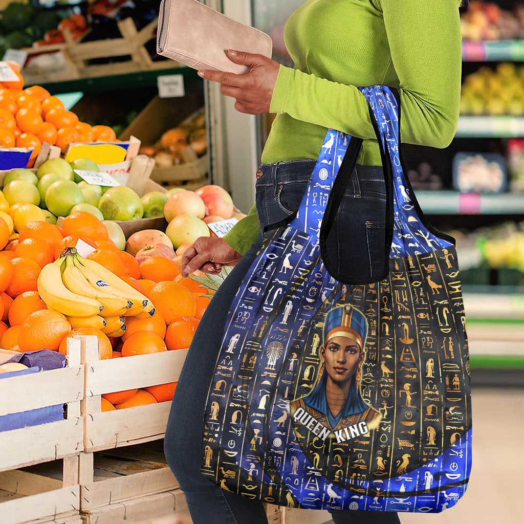 Hatshepsut Grocery Bag with Queen King Portrait, Temple Illustration and Blue-Gold Hieroglyphic - Wonder Print Shop