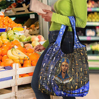 Hatshepsut Grocery Bag with Queen King Portrait, Temple Illustration and Blue-Gold Hieroglyphic - Wonder Print Shop