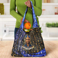 Hatshepsut Grocery Bag with Queen King Portrait, Temple Illustration and Blue-Gold Hieroglyphic - Wonder Print Shop