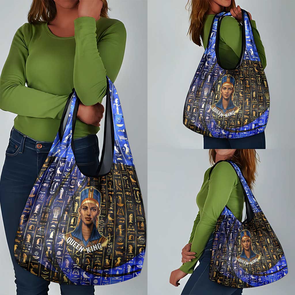 Hatshepsut Grocery Bag with Queen King Portrait, Temple Illustration and Blue-Gold Hieroglyphic - Wonder Print Shop