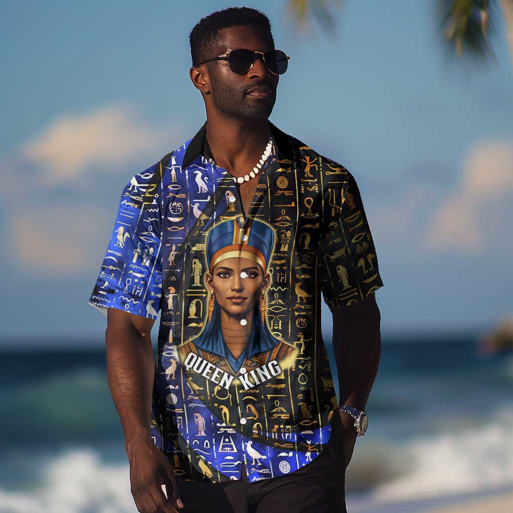 Hatshepsut Hawaiian Shirt with Queen King Portrait, Temple Illustration and Blue-Gold Hieroglyphic - Wonder Print Shop
