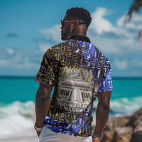 Hatshepsut Hawaiian Shirt with Queen King Portrait, Temple Illustration and Blue-Gold Hieroglyphic - Wonder Print Shop