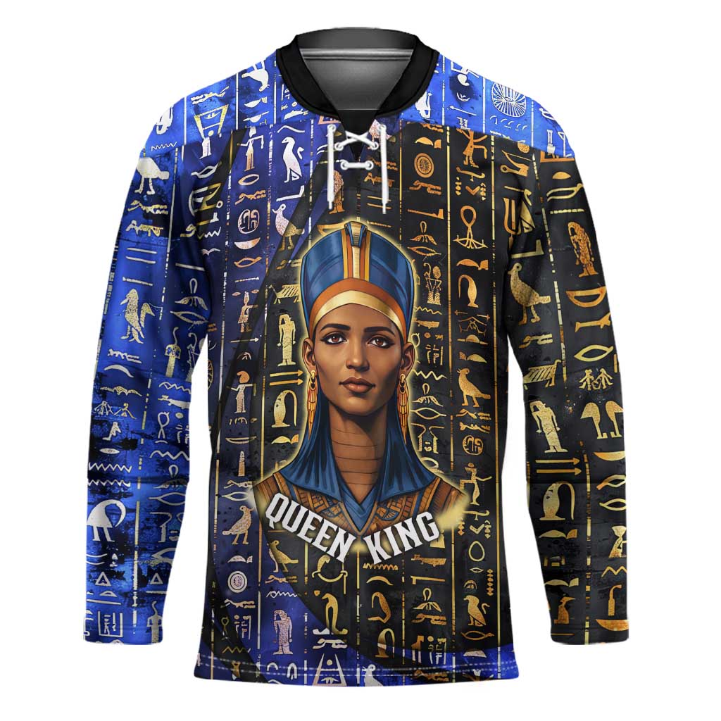 Hatshepsut Hockey Jersey with Queen King Portrait, Temple Illustration and Blue-Gold Hieroglyphic - Wonder Print Shop