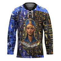 Hatshepsut Hockey Jersey with Queen King Portrait, Temple Illustration and Blue-Gold Hieroglyphic - Wonder Print Shop