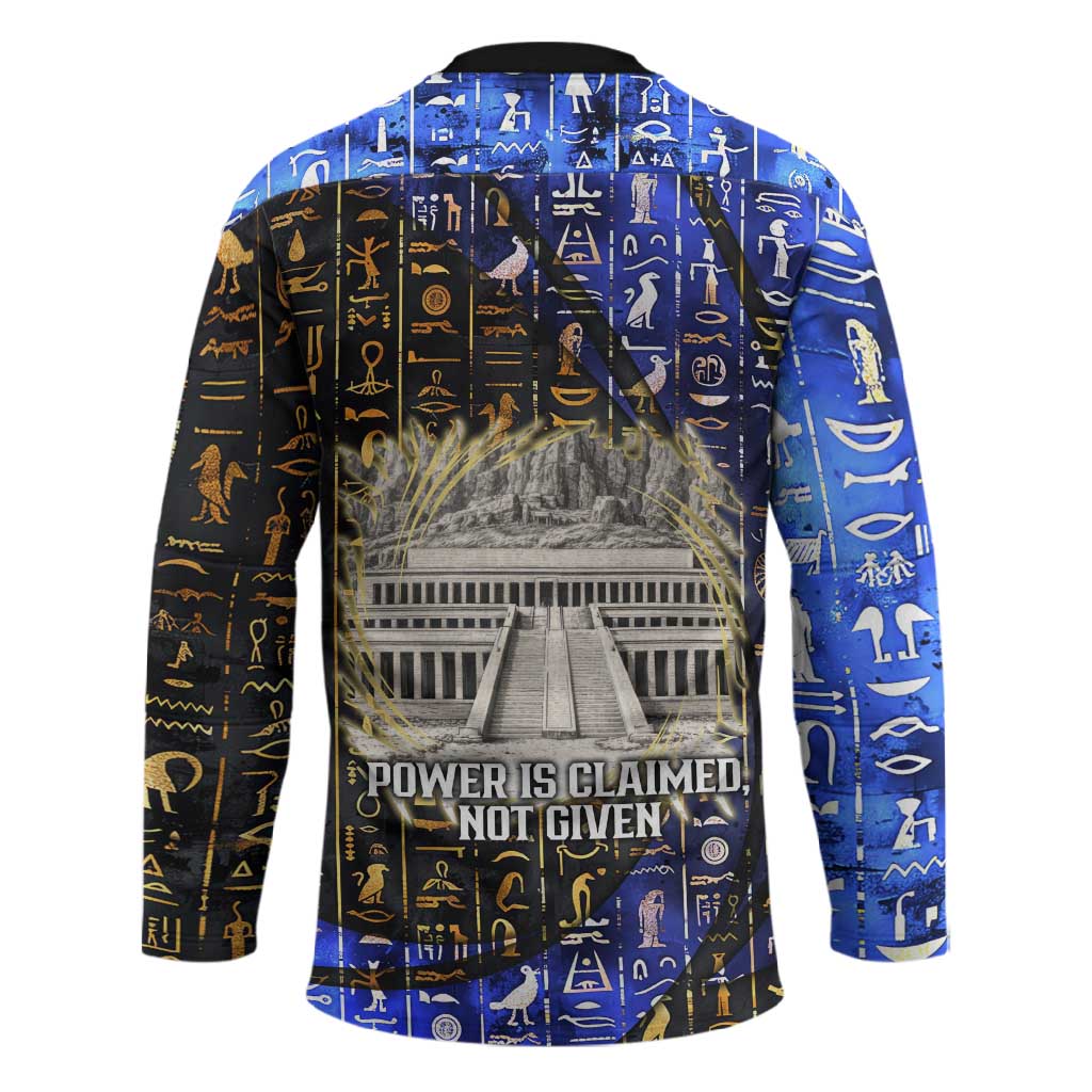 Hatshepsut Hockey Jersey with Queen King Portrait, Temple Illustration and Blue-Gold Hieroglyphic - Wonder Print Shop