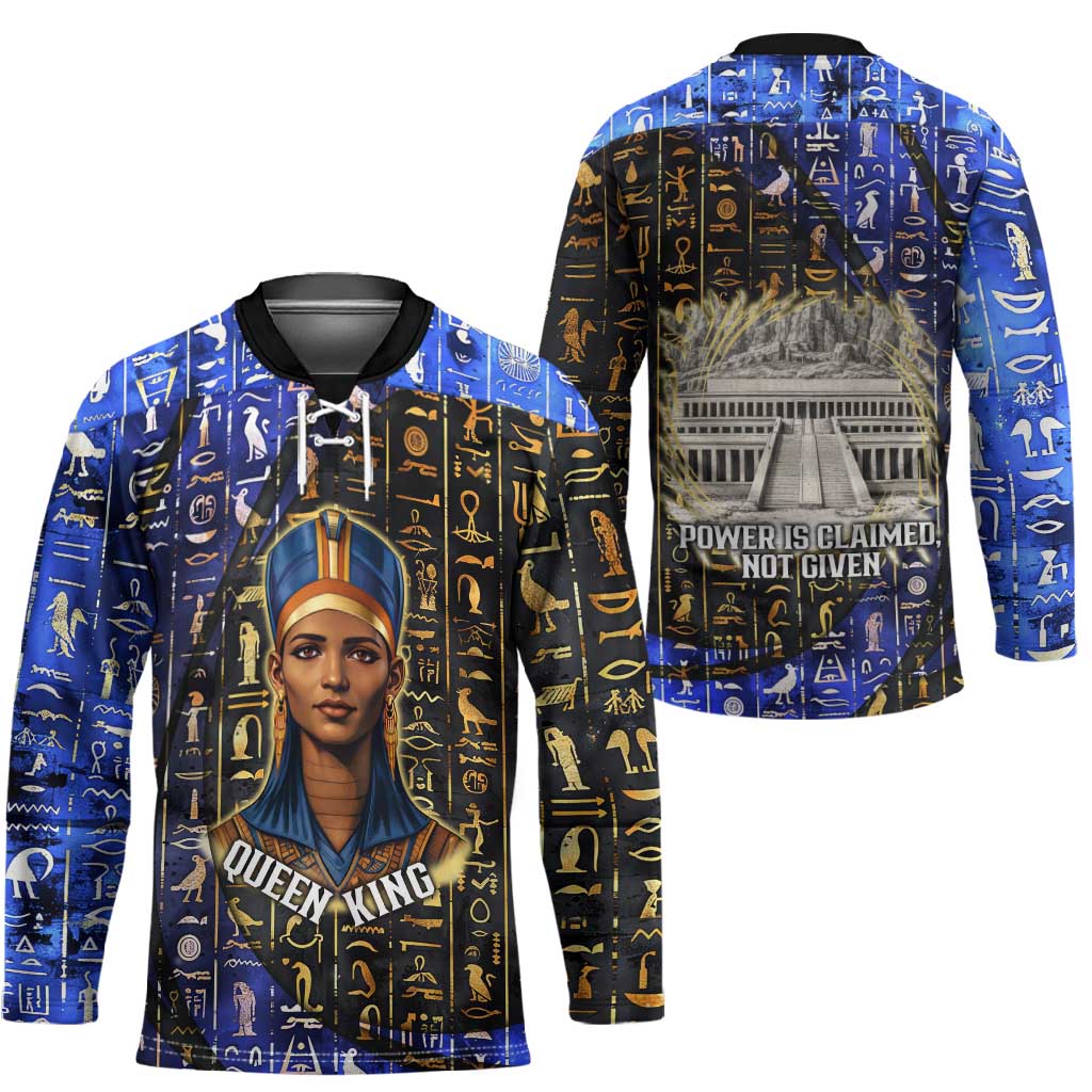 Hatshepsut Hockey Jersey with Queen King Portrait, Temple Illustration and Blue-Gold Hieroglyphic - Wonder Print Shop