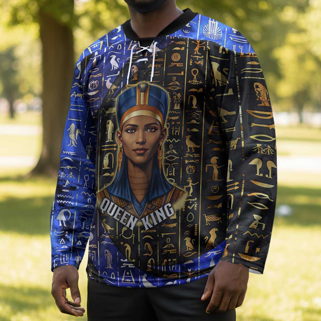 Hatshepsut Hockey Jersey with Queen King Portrait, Temple Illustration and Blue-Gold Hieroglyphic - Wonder Print Shop